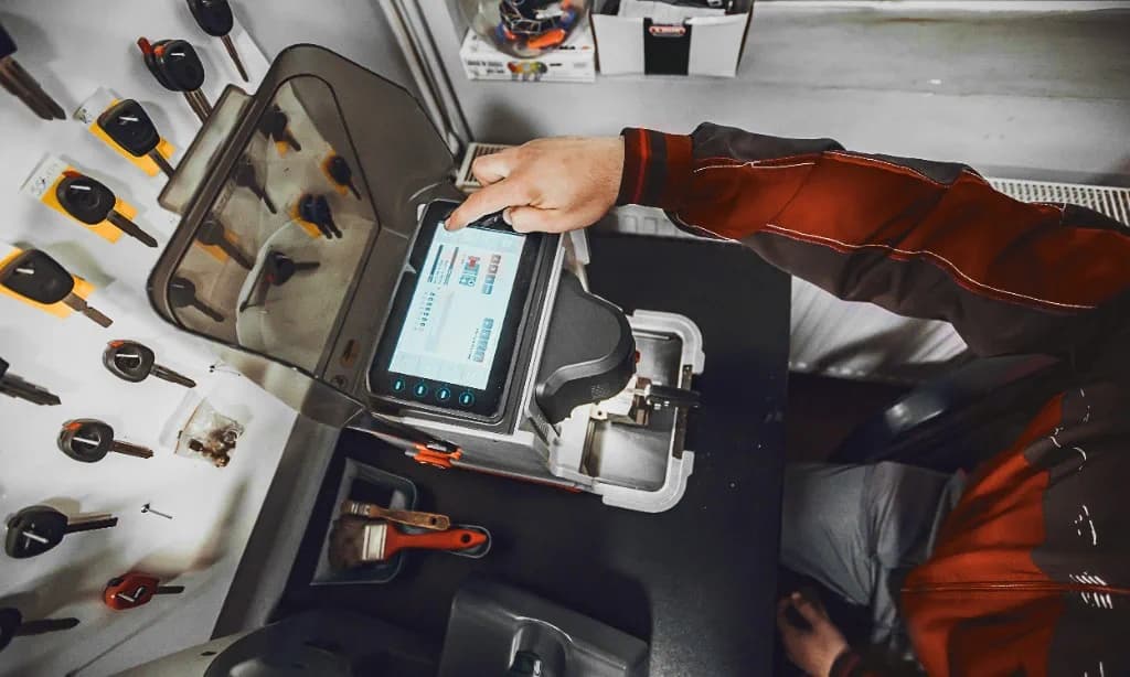 Locksmith programming a replacement car key on a key-cutting machine